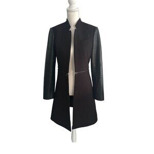 BCBGMAXAZRIA Black Long Length Leather Sleeve Blazer Jacket Size Small